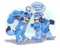 Size: 1533x1231 | Tagged: safe, artist:orlando_fox, blue (blue's clues), bluey heeler, canid, dog, mammal, anthro, cub, cubs only, female, females only, feral, girl, girls only, young, young only, blue's clues, bluey, crossover, colored, digital, 3 toes, 4 fingers, animal costume, clothed feral, clothing, cosplay, costume, dialogue, dog costume, duo, feet, feral penis, full-length portrait, holding object, looking at another, looking at each other, magnifying glass, open mouth, open smile, pawpads, paws, smiling, speech bubble, standing, tail