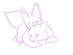 Size: 2000x1500 | Tagged: safe, artist:roguemorpho, oc:alt the renamon, oc:gleam the morphomon, digimon (species), morphomon, viximon, female, feral, male, semi-anthro, digimon, lines, monochrome, age difference, antennae, biting ear, closed eyes, duo, glasses, size difference, snuggling