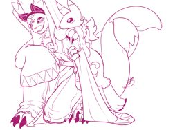 Size: 1000x750 | Tagged: safe, artist:roguemorpho, oc:alt the renamon, oc:sugar the renamon, digimon (species), renamon, cub, female, male, slender, young, digimon, digital, lines, monochrome, age difference, daughter, duo, entwined tails, excited, father, father and daughter, holding arm, kneeling, on one knee, size difference, smirk, standing