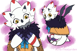 Size: 1500x1000 | Tagged: safe, artist:roguemorpho, oc:mooch the gammamon, digimon (species), gammamon, cub, semi-anthro, young, digimon, colored, flat colored, bat wings, blushing, cape, front view, full-length portrait, fur, horns, looking at you, looking back, looking back at you, multiple poses, portrait, rear view, ribbon