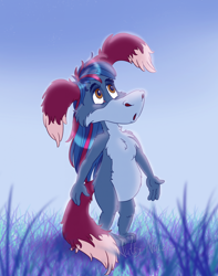 Size: 1704x2162 | Tagged: safe, artist:stinkek, fictional species, mammal, anthro, cub, cubs only, female, girl, solo cub, solo female, solo girl, young, colored, digital, 3 toes, 4 fingers, brown eyes, featureless crotch, front view, full-length portrait, hair, long hair, open mouth, outdoors, solo, standing, tail