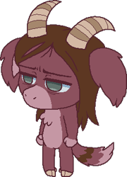 Size: 255x355 | Tagged: safe, artist:stinkek, oc only, oc:stinkek, fictional species, mammal, chibi, female, solo female, colored, digital, flat colored, pixel art, brown hair, cloven hooves, empty eyes, featureless crotch, front view, full-length portrait, hooves, horns, mouthless, solo, tail, transparent background
