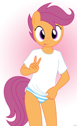 Size: 2010x3315 | Tagged: safe, artist:tolpain, scootaloo (g4), equid, mammal, pony, anthro, cub, cubs only, female, girl, solo cub, solo female, solo girl, young, my little pony, my little pony: g4, alternate version, colored, digital, flat colored, 5 fingers, anthrofied, clothing, fingers, flat breasts, front view, gesture, looking at you, no pants, orange body, panties, purple eyes, purple hair, shirt, short hair, smiling, solo, t-shirt, tail, tongue out, topwear, underwear, v sign