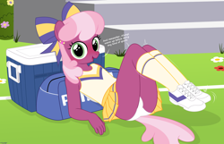 Size: 3976x2556 | Tagged: suggestive, artist:tolpain, cheerilee (g4), earth pony, equid, mammal, pony, anthro, cub, cubs only, female, girl, solo cub, solo female, solo girl, young, my little pony, my little pony: g4, alternate version, colored, digital, flat colored, 5 fingers, aged down, blushing, bottomwear, bow, butt, camel toe, clothing, dialogue, ear piercing, english text, fingers, flat breasts, footwear, full-length portrait, green eyes, hair, hair accessory, hair bow, legwear, looking at you, on back, open mouth, open smile, outdoors, panties, piercing, pink hair, purple body, shoes, skirt, smiling, sneakers, socks, solo, tail, talking to you, tank top, topwear, underwear