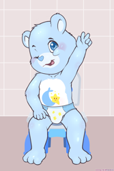 Size: 1200x1800 | Tagged: safe, artist:maverick, tugs (care bears), bear, mammal, ursine, anthro, boy, cub, cubs only, male, solo boy, solo cub, solo male, young, care bears, alternate version, colored, digital, 3 toes, 5 fingers, belly markings, blue body, blue eyes, diaper, fingers, full-length portrait, gesture, looking at you, one eye closed, open mouth, open smile, potty, pull-ups, sitting, smiling, solo, v sign