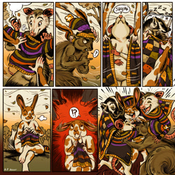Size: 1425x1425 | Tagged: safe, artist:nahranhaar, badger, lagomorph, mammal, marsupial, mouse, mustelid, opossum, rabbit, rodent, sciurid, squirrel, anthro, buckteeth, clothing, coffee, comic, crafting, crossed legs, disembodied hand, featureless crotch, front view, gift, group, group hug, hat, hug, knitting, looking up, nudity, open mouth, open smile, quilt, sleeping, smiling, surprised, sweater