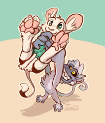 Size: 1533x1800 | Tagged: safe, artist:animancer, oc:aevsmonki, oc:luck, dipodid, jerboa, mammal, monkey, primate, rodent, spider monkey, black sclera, blue body, blue fur, clothed/nude, duo, featureless chest, featureless crotch, fully clothed, fur, green eyes, high-angle view, lifted, looking up, nudity, open legs, paws, presenting partner, toothy grin, white body, white fur, yellow eyes