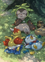 Size: 733x1000 | Tagged: safe, artist:mako makotou, chespin, fennekin, generation 4 pokemon, generation 6 pokemon, piplup, pokemon (species), feral, semi-anthro, pokemon mystery dungeon, pokémon, closed eyes, exhausted, featureless chest, featureless crotch, in shade, neckerchief, on back, on front, outdoors, panting, shadow, sitting, sweating, tongue out, trio