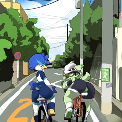 Size: 1020x1020 | Tagged: safe, artist:warito moeru, floragato, generation 9 pokemon, pokemon (species), quaxwell, anthro, male, teen, teens only, young, young only, pokémon, anthrofied, armor, balls outline, bicycle, big butt, blue body, blue feathers, bottomwear, bulge from behind, butt, closed eyes, clothing, cycling helmet, cycling shorts, detailed background, duo, feathers, fur, green body, green fur, headwear, helmet, leaning forward, looking at partner, outdoors, pink eyes, rear view, shorts, street scene, talking, talking to each other, tight clothing, vehicle