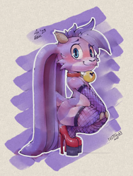 Size: 2250x3000 | Tagged: suggestive, artist:aer0_zer0, artist:nottrevbe, collaboration, billie, bovid, caprine, goat, mammal, ungulate, ambiguous gender, anthro, billie bust up, colored, digital, armwear, bell, blue eyes, clothing, collar, crouching, fishnet, fishnet armwear, fishnet clothing, fishnet legwear, floppy ears, footwear, full-length portrait, hair, high heels, horn, horns, legwear, long ears, looking at you, nervous, nervous smile, purple body, shoes, short hair, smiling, solo, tail, thigh highs