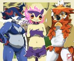 Size: 1200x1000 | Tagged: suggestive, artist:warito moeru, professor laventon, avian, bird, generation 8 pokemon, hisuian decidueye, hisuian samurott, hisuian typhlosion, human, mammal, pokemon (species), anthro, chubby, fat, female, male, pokémon, anthrofied, asian clothing, bikini, bra, breasts, bulge, camel toe, clothing, covering, covering breasts, front view, fundoshi, group, group portrait, japanese clothing, line up, serious, skimpy outfit, smiling, speedo, standing, swimsuit, swimwear, trio focus, underwear