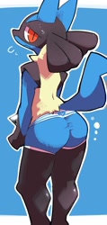 Size: 860x1800 | Tagged: suggestive, artist:warito moeru, generation 4 pokemon, lucario, pokemon (species), anthro, male, males only, solo male, solo teen, teen, pokémon, anthrofied, big eyes, blue body, blue fur, bodily fluids, butt, clothing, embarrassed, fur, looking at you, looking back, looking back at you, nervous, nervous sweat, presenting, presenting hindquarters, rear view, solo, spikes, spikes (anatomy), sweat, sweatdrop, tight clothing, topless, underwear, underwear only
