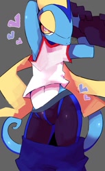 Size: 880x1440 | Tagged: suggestive, artist:warito moeru, generation 8 pokemon, inteleon, pokemon (species), anthro, male, males only, slender, solo male, solo teen, teen, pokémon, arms behind head, bedroom eyes, bottomwear, bottomwear down, boxer-briefs, bulge, clothing, clothing down, front view, half-closed eyes, heart, hearts around head, looking at you, low-riding, midriff, narrowed eyes, navel, nudity, pants, pants down, pinup, posing, raised arm, shirt, shirt lift, solo, standing, tail, tight clothing, topwear, underwear