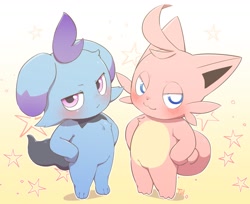 Size: 1707x1396 | Tagged: safe, artist:whitill, cattiva, depresso, pal (species), ambiguous gender, anthro, cub, cubs only, young, young only, palworld, alternate version, cel shaded, colored, digital, blue eyes, blushing, duo, featureless chest, featureless crotch, full-length portrait, half-closed eyes, hands on hips, pink body, pink eyes, smug, standing, sweat, tail