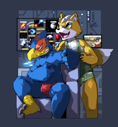 Size: 1080x1160 | Tagged: suggestive, artist:warito moeru, falco lombardi, fox mccloud, avian, bird, canid, fox, mammal, anthro, chubby, male, male/male, star fox, anger, annoyed, arwing, blue body, blue fur, bodily fluids, briefs, bulge, claws, clenched teeth, clothing, cross-popping vein, detailed background, duo, excited, frustrated, fur, game controller, gaming, green clothing, green underwear, indoors, kemono, narrowed eyes, nudity, open mouth, red clothing, red underwear, smiling, standing, sweat, sweatdrop, tail, tank top, thong, toe claws, topless, underwear, underwear only, yellow body, yellow fur