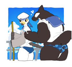 Size: 1020x942 | Tagged: safe, artist:warito moeru, avian, bird, cetacean, charadriiform, dolphin, gull, larid, mammal, marine, orca, toothed whale, whale, adult, anthro, fat, male, muscular, slender, beak, bedroom eyes, black body, black sclera, bottomwear, butt, camo print, cleaning, clothing, duo, fat/slender, heart, hearts around head, looking back, looking back at partner, low-riding, open mouth, open smile, rear view, sailor hat, sailor outfit, size difference, smiling, speedo, swimsuit, teeth, white body, yellow eyes