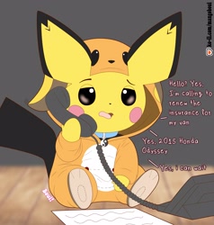 Size: 3325x3500 | Tagged: safe, artist:boui, pichu, ambiguous gender, cub, cubs only, semi-anthro, solo cub, young, pokémon, colored, digital, flat colored, beady eyes, black eyes, clothing, collar, costume, dialogue, english text, feet, front view, full-length portrait, holding object, kigurumi, open mouth, phone, pokemon cosplay, pokemon costume, raichu costume, sitting, solo, tail, tired expression, yellow body
