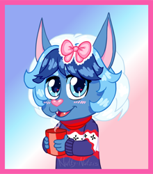 Size: 1024x1162 | Tagged: safe, artist:stinkek, oc only, oc:klandy (stinkek), ambiguous species, mammal, anthro, chibi, female, solo female, party town, cel shaded, colored, digital, 4 fingers, blue body, blue eyes, blushing, bow, bust portrait, clothing, fang, front view, hair, hair accessory, hair bow, holding object, looking at you, mug, open mouth, open smile, shirt, smiling, solo, teeth, topwear