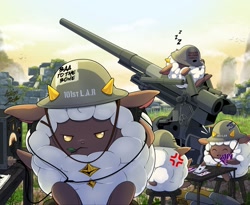Size: 1443x1181 | Tagged: safe, artist:zerberin1, lamball, pal (species), ambiguous gender, semi-anthro, palworld, colored, digital, armor, artillery, cannon, daytime, furgonomics, group, gun, headphones, headwear, helmet, horns, looking at you, military, military helmet, mortar, outdoors, playing cards, radio, sleeping, soldier, war, weapon