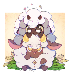 Size: 2022x2133 | Tagged: safe, artist:bloominglynx, generation 8 pokemon, lamball, pal (species), pokemon (species), wooloo, ambiguous gender, feral, semi-anthro, crossover, palworld, pokémon, colored, digital, cloven hooves, duo, front view, hooves, horns, open mouth, open smile, sitting, smiling, yellow eyes, yellow sclera