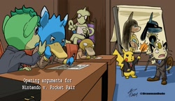 Size: 2682x1557 | Tagged: safe, artist:drawmandude, fuack, generation 1 pokemon, generation 2 pokemon, meowth, pal (species), pikachu, pokemon (species), psyduck, smeargle, tanzee, ambiguous gender, anthro, semi-anthro, crossover, palworld, pokémon, cel shaded, colored, digital, blue body, blue eyes, bottomwear, brush tail, clothing, desk, footwear, green body, holding object, indoors, jacket, looking at another, necktie, open mouth, pants, shoes, sitting, suit, tail, topwear, yellow body
