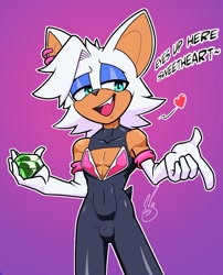 Size: 768x949 | Tagged: suggestive, artist:barely_sly, rouge the bat, bat, chiropteran, mammal, anthro, femboy, male, males only, solo male, sonic series, cel shaded, colored, digital, 5 fingers, bodysuit, bulge, cleavage cutout, clothing, clothing cutout, dialogue, ear piercing, earring, english text, eyeshadow, fang, fingers, front view, ftm crossgender, genderbend, gloves, hair, half-closed eyes, holding object, makeup, open mouth, open smile, piercing, smiling, solo, teal eyes, teeth, tight clothing, white body, white hair