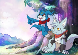 Size: 1280x905 | Tagged: safe, artist:digitalclaws, oc:alephmon, digimon (species), veemon, anthro, semi-anthro, digimon, digital, arm on knee, chest fluff, digitigrade, duo, ear fluff, featureless crotch, fingerless gloves, fleshy horns, gesture, looking away, neckerchief, neckerchief only, open mouth, open smile, outdoors, pointing, shorts, sitting, smiling, talking