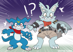 Size: 1280x905 | Tagged: safe, artist:digitalclaws, oc:alephmon, digimon (species), veemon, anthro, plantigrade, semi-anthro, digimon, digital, belt, chest fluff, clenched teeth, digitigrade, duo, ear fluff, featureless crotch, fingerless gloves, front view, looking at you, neckerchief, neckerchief only, nervous, nervous sweat, open mouth, scabbard, scared, shorts, size difference, spread arms, standing, surprised, wide eyed
