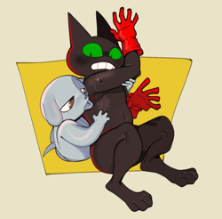 Size: 1141x1122 | Tagged: suggestive, artist:submarine_screw, mao mao, ol' blue, canid, cat, dog, felid, mammal, anthro, male, male/male, mao mao: heroes of pure heart, arm around back, armpit fetish, armpit hair, armpit lick, armpit play, armpit worship, black body, black fur, blue body, blue fur, blue tongue, bodily fluids, body hair, body worship, casual nudity, clenched teeth, clothing, digitigrade, dripping sweat, duo, fur, gloves, gloves only, green sclera, groping, handwear, licking, licking sweat, nudity, red clothing, red gloves, size difference, sweat, tongue, tongue out, wide eyed
