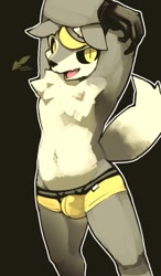 Size: 700x1200 | Tagged: suggestive, artist:warito moeru, oc:rouya tsukikage, canid, mammal, wolf, adult, anthro, chubby, male, males only, solo male, arms up, black sclera, boxer-briefs, boxer-briefs only, bulge, chest tuft, clothing, featureless chest, front view, fur, looking at you, low-riding, navel, open mouth, open smile, smiling, solo, standing, tail, tongue, topless, tuft, underwear, underwear only, yellow eyes