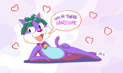 Size: 987x585 | Tagged: safe, artist:machu, chloe (lps), cat, felid, mammal, anthro, female, solo female, littlest pet shop, littlest pet shop (1995), colored, digital, dialogue, featureless chest, featureless crotch, front view, full-length portrait, green hair, hair, lying, lying on side, on side, open mouth, purple body, short hair, solo, speech bubble, talking to you