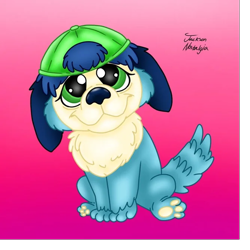 Size: 668x668 | Tagged: safe, artist:jackson nostalgia, stu (lps 1995), canid, dog, mammal, chibi, feral, male, males only, solo male, littlest pet shop, littlest pet shop (1995), colored, digital, ball cap, blue body, blue hair, front view, full-length portrait, green eyes, hair, hat, headwear, looking at you, pawpads, short hair, sitting, solo, style parody