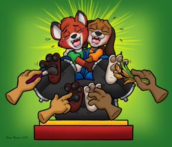 Size: 1280x1103 | Tagged: suggestive, artist:angel_blanco, copper, tod, bloodhound, canid, dog, fox, mammal, red fox, anthro, boy, boy focus, cub focus, male, young, the fox and the hound, colored, digital, 3 toes, anthrofied, blushing, bondage, bottomwear, bound, bound legs, clothing, disembodied hand, duo focus, feet, foot fetish, front view, group, hug, laughing, open mouth, open smile, overalls, pants, pawpads, paws, shirt, smiling, tears, tickle torture, tickling, tickling feet, topwear