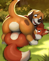 Size: 2000x2500 | Tagged: suggestive, artist:diacord st, copper, tod, bloodhound, canid, dog, fox, mammal, red fox, boy, boy/boy, boys only, cub, cub/cub, cubs only, feral, feral/feral, male, male/male, males only, young, young only, young/young, disney, the fox and the hound, colored, digital, aged down, butt, butt focus, daytime, featureless crotch, looking at another, looking at each other, outdoors, rear view