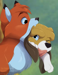 Size: 1391x1800 | Tagged: suggestive, artist:nummynumz, copper, tod, bloodhound, canid, dog, fox, mammal, red fox, boy, boy/boy, boys only, cub, cub/cub, cubs only, feral, feral/feral, male, male/male, males only, young, young only, young/young, disney, the fox and the hound, colored, digital, aged down, duo, looking at another, looking at each other, same size vore, throat bulge, tongue out, vore