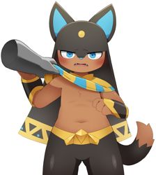 Size: 1764x1970 | Tagged: safe, artist:sum, anubis (pal), pal (species), anthro, boy, boy focus, cub focus, male, young, palworld, colored, digital, blushing, clothing lift, disembodied hand, duo, featureless chest, front view, navel, open mouth, shirt lift, solo focus