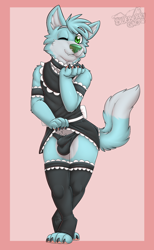Size: 1600x2600 | Tagged: suggestive, artist:gaokun, oc only, oc:donovan (donovan dmc), canid, mammal, wolf, anthro, femboy, male, males only, solo male, colored, digital, 4 toes, blowing kiss, bulge, clothing, crossdressing, dress, dress lift, front view, full-length portrait, green eyes, legwear, looking at you, maid outfit, one eye closed, panties, smiling, solo, thigh highs, underwear