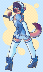 Size: 778x1280 | Tagged: safe, artist:melangetic, hyaenid, hyena, mammal, anthro, femboy, male, males only, solo male, colored, digital, armwear, bloomers, blushing, clothing, crossdressing, dress, embarrassed, footwear, full-length portrait, gloves, hair, headdress, high heels, holding object, legwear, looking at you, looking back, looking back at you, maid outfit, rear view, shoes, shy, solo, standing, thigh highs, underwear