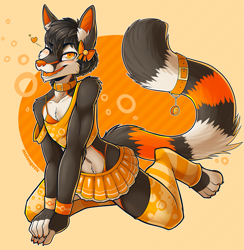 Size: 1173x1200 | Tagged: suggestive, artist:melangetic, oc only, oc:kulza (kulza), mammal, procyonid, anthro, femboy, male, males only, solo male, colored, digital, 4 toes, 5 fingers, amber eyes, black body, black hair, bottomwear, bow, bra, clothing, collar, crop top, crossdressing, fingers, front view, full-length portrait, legwear, looking at you, midriff, miniskirt, navel, neckwear, one eye closed, open mouth, open smile, short hair, skirt, smiling, solo, striped tail, tail accessory, tank top, thigh highs, topwear