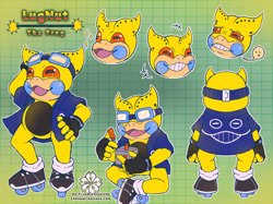 Size: 2048x1535 | Tagged: safe, artist:chisai236, oc:lugnut the frog, amphibian, frog, mobian, ambiguous gender, chubby, sonic series, colored, digital, flat colored, reference sheet, bottomless, clothing, crossed ankles, expressions, fingerless gloves, front view, goggles, goggles on head, goggles over eyes, jacket, multiple poses, one arm up, open clothing, open jacket, open mouth, rear view, rebus bubble, roller skates, rollerblades, sitting, sitting indian style, smiling, solo, speech bubble, standing, step pose