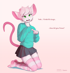 Size: 1874x1966 | Tagged: safe, artist:twang, oc:reggie (whygena), mammal, murid, rat, rodent, anthro, femboy, male, bottomwear, clothing, crossdressing, dialogue, english text, fingers, fur, green eyes, kneeling, legwear, pupils, rodent tail, skirt, solo, talking to you, thigh highs, topwear, white body, white fur