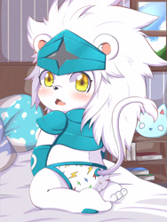 Size: 3912x5216 | Tagged: safe, artist:toruu, digimon (species), spadamon, anthro, cub, cubs only, male, males only, solo cub, solo male, young, digimon, armor, bed, bedroom, blushing, briefs, butt, clothing, detailed background, fur, furniture, indoors, kneeling, looking at you, looking back, looking back at you, mane, multicolored underwear, on bed, pattern briefs, pattern underwear, rear view, solo, unconvincing armor, underwear, white body, white briefs, white clothing, white fur, white underwear