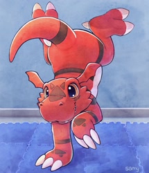 Size: 1722x2000 | Tagged: safe, artist:samy2004, digimon (species), guilmon, chibi, male, males only, solo male, digimon, digital, front view, handstand, indoors, looking at you, on one hand, smiling, solo