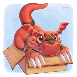 Size: 2000x2000 | Tagged: safe, artist:samy2004, digimon (species), guilmon, chibi, male, males only, solo male, digimon, cardboard box, crouching, finger claws, front view, if i fit i sit, in box, looking at you, raised tail, solo