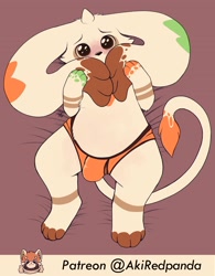 Size: 1795x2300 | Tagged: suggestive, artist:aki_red_panda, digimon (species), generation 2 pokemon, hybrid, pokemon (species), smeargle, terriermon, anthro, chubby, fat, male, digimon, pokémon, blushing, briefs, brush tail, bulge, clothing, covering, covering face, covering self, embarrassed, horn, long ears, looking at you, lop ears, lying, on back, open legs, orange briefs, solo, tail, topless, underwear, underwear only, wide eyed
