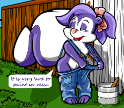 Size: 2665x2322 | Tagged: suggestive, artist:pantyraider, fifi la fume, mammal, mustelid, skunk, anthro, cub, cubs only, female, girl, solo cub, solo female, solo girl, young, looney tunes, tiny toon adventures, cel shaded, colored, digital, bottomwear, breasts, clothing, daytime, dialogue, english text, featureless breasts, front view, full-length portrait, looking away, narrowed eyes, navel, nudity, open mouth, open smile, outdoors, overalls, pants, small breasts, smiling, solo, standing