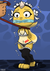 Size: 2480x3507 | Tagged: non-con, suggestive, artist:h1draw, monster kid, anthro, cub, cub focus, female, female focus, girl, girl focus, young, undertale, colored, digital, 3 toes, age difference, bow, bra, breasts, cloth gag, clothing, collar, digitigrade, disembodied hand, duo, faceless character, front view, full-length portrait, gag, gagged, hair accessory, hair bow, headdress, leash, leashed collar, legwear, lingerie, navel, no arms, panties, size difference, slave, slavery, small breasts, solo focus, thigh highs, underwear