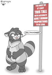 Size: 1280x1824 | Tagged: safe, artist:xenoyia, oc only, oc:kalen (xenoyia), canid, hybrid, mammal, raccoon, tanuki, anthro, chubby, male, males only, solo male, colored, digital, flat colored, 3 toes, 4 fingers, dialogue, empty eyes, english text, featureless chest, featureless crotch, front view, full-length portrait, grey body, humor, open mouth, sign, solo, standing, text, wide hips