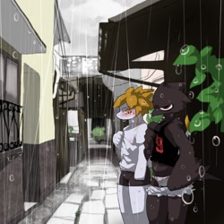 Size: 1380x1380 | Tagged: suggestive, artist:warito moeru, oc:crow-kun, oc:tatsuta, avian, bird, corvid, dragon, mythological creature, songbird, anthro, male, males only, teen, teens only, young, young only, alley, amber eyes, anus, balls, beak, blushing, bottomwear, bulge, clothing, clothing down, detailed background, dripping water, duo, feet, genitals, japanese architecture, looking at another, looking at bulge, looking at partner, looking sideways, navel, outdoors, pants down, raining, shirt, short shorts, shorts, side view, standing, street scene, t-shirt, talons, tank top, thong, tight clothing, toes, underwear, wet, wet clothes, wide hips