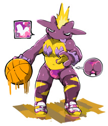 Size: 925x1080 | Tagged: suggestive, artist:warito moeru, generation 8 pokemon, pokemon (species), toxtricity, anthro, male, males only, solo male, pokémon, digital, sketchy, basketball, blep, bulge, butt shot, cutaway, dribbling, front view, horny face, looking at you, multiple angles, reaching out, rebus bubble, shoes, sneakers, solo, speech bubble, spiked bracelet, sports, standing, thigh highs, thong, tongue, tongue out, underwear